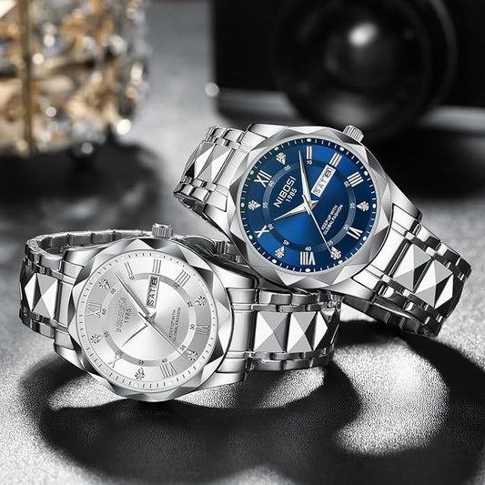 Watch Men Analog Quartz Diamond Stainless Steel Waterproof 42mm