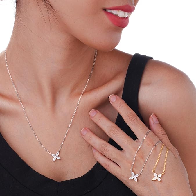 Necklaces for Women 18K Gold Plated - Jewelry 4 Zircon Cluster Flower-Shaped - SILVER