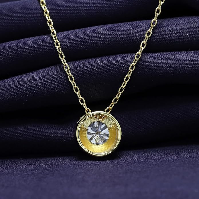 Necklace 18K Gold Plated Bezel-Set Solitaire, 6.5MM  Moissanite Diamond - 0.9 CT