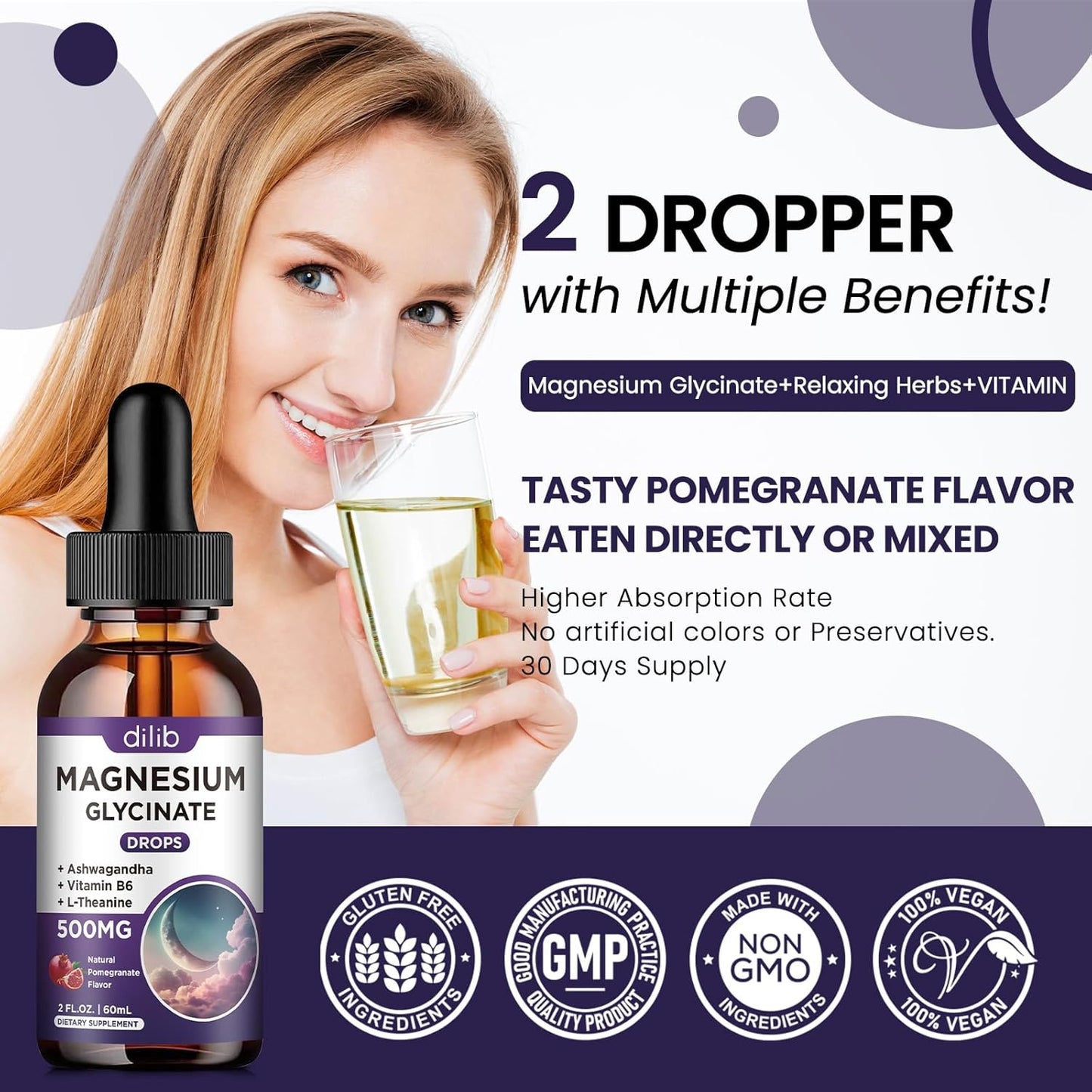 Magnesium Glycinate Liquid Drops 500mg, with Vitamin B6, Ashwagandha and more