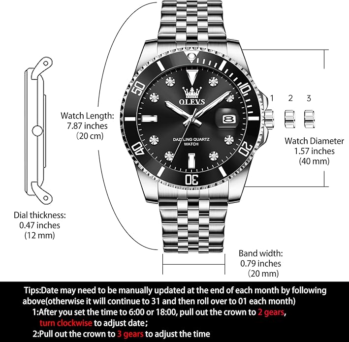 OLEVS Watch for Men Stainless Steel  Luxury Diamond 40 mm- BLACK