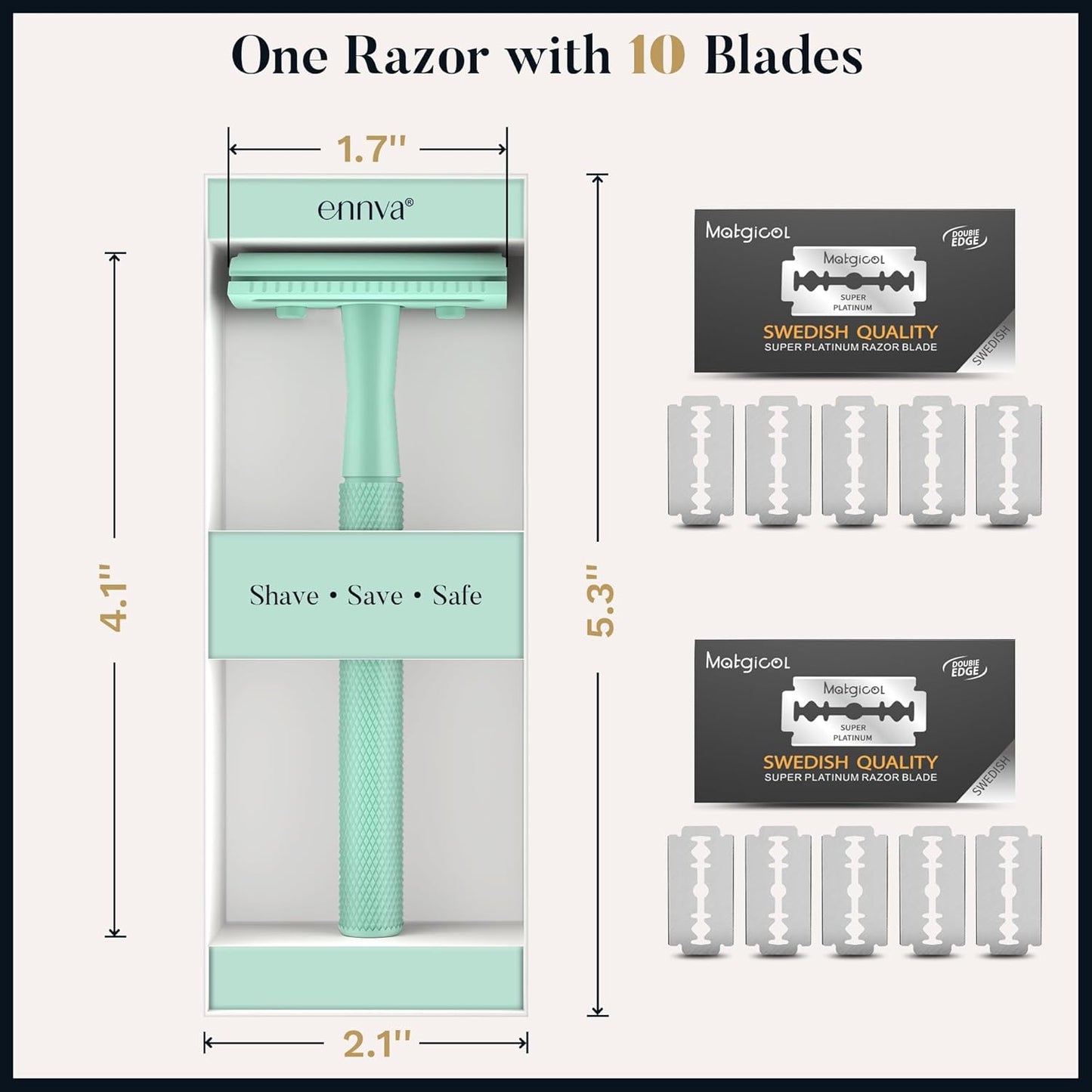 Safety Razor, Single Blade Razor with 10 Blades - Mint Green