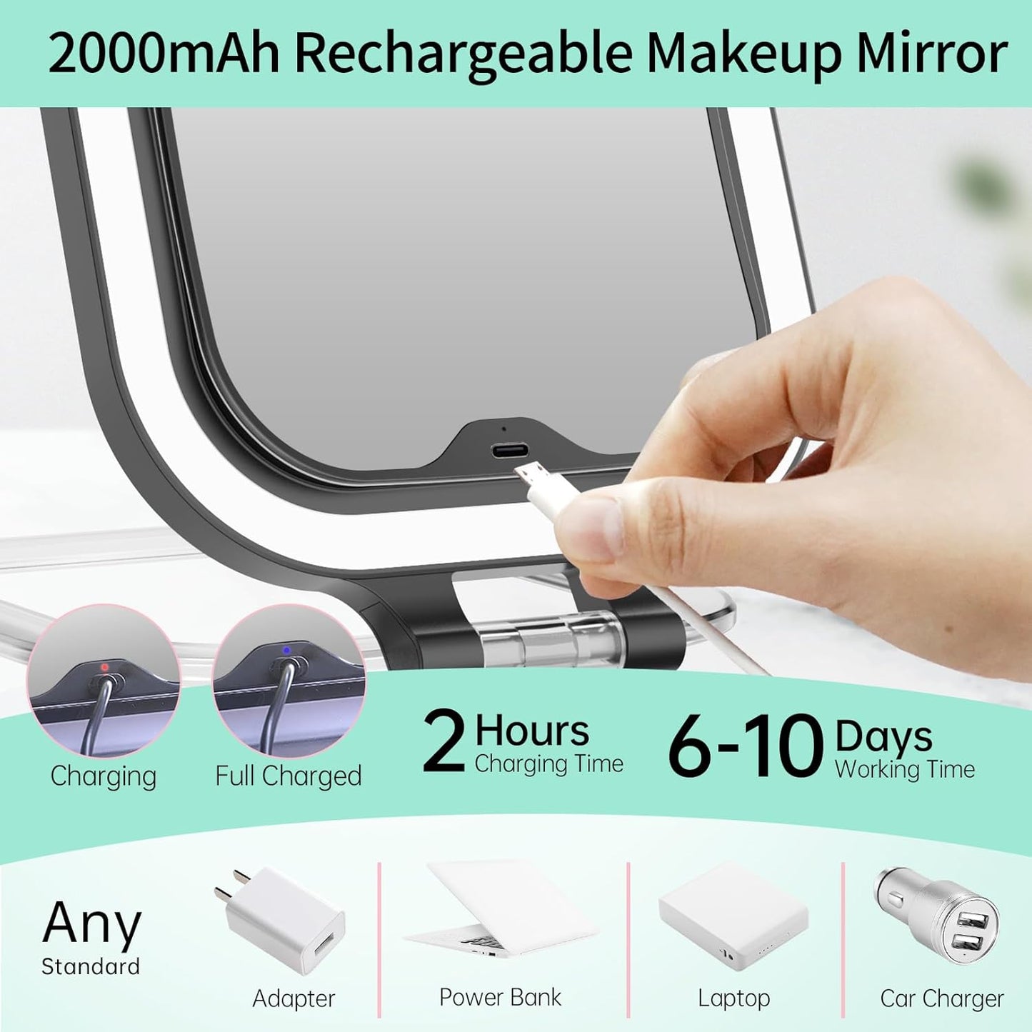 Magnification 10 X Rechargeable Travel Makeup Mirror, Lighted