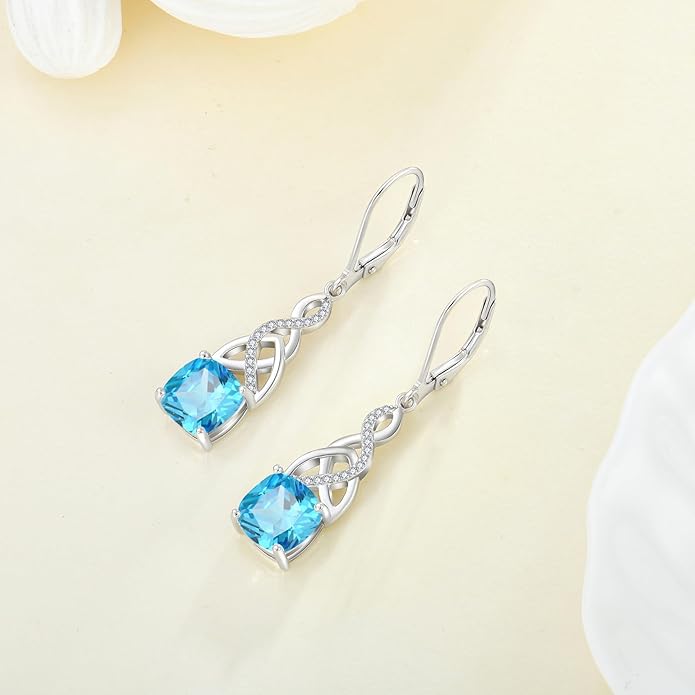 Earrings 925 Sterling Silver, Infinity Celtic Knot Dangle Drop- Birthstone March Aquamarine