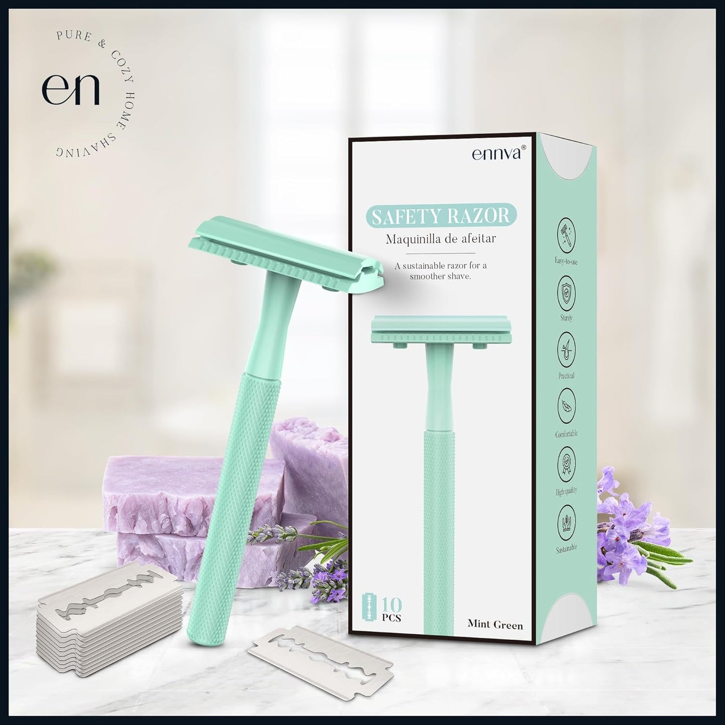 Safety Razor, Single Blade Razor with 10 Blades - Mint Green