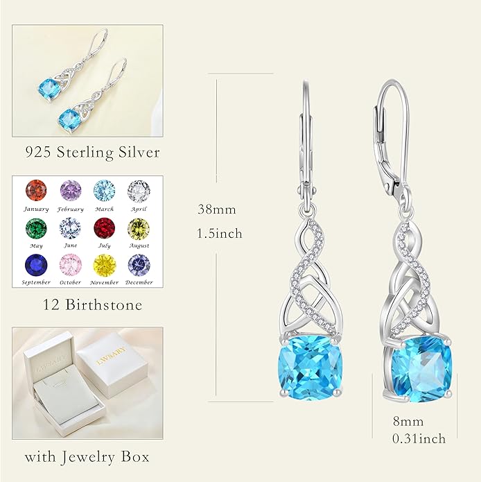 Earrings 925 Sterling Silver, Infinity Celtic Knot Dangle Drop- Birthstone March Aquamarine