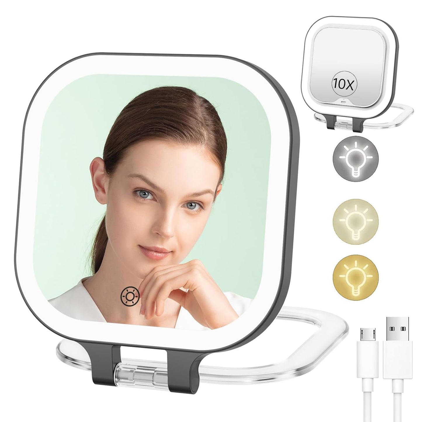 Magnification 10 X Rechargeable Travel Makeup Mirror, Lighted