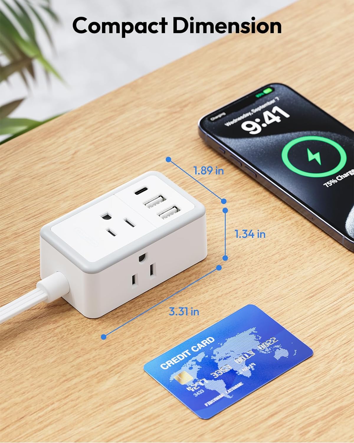 Flat Plug Power Strip with 3 USB(1 USB-C)