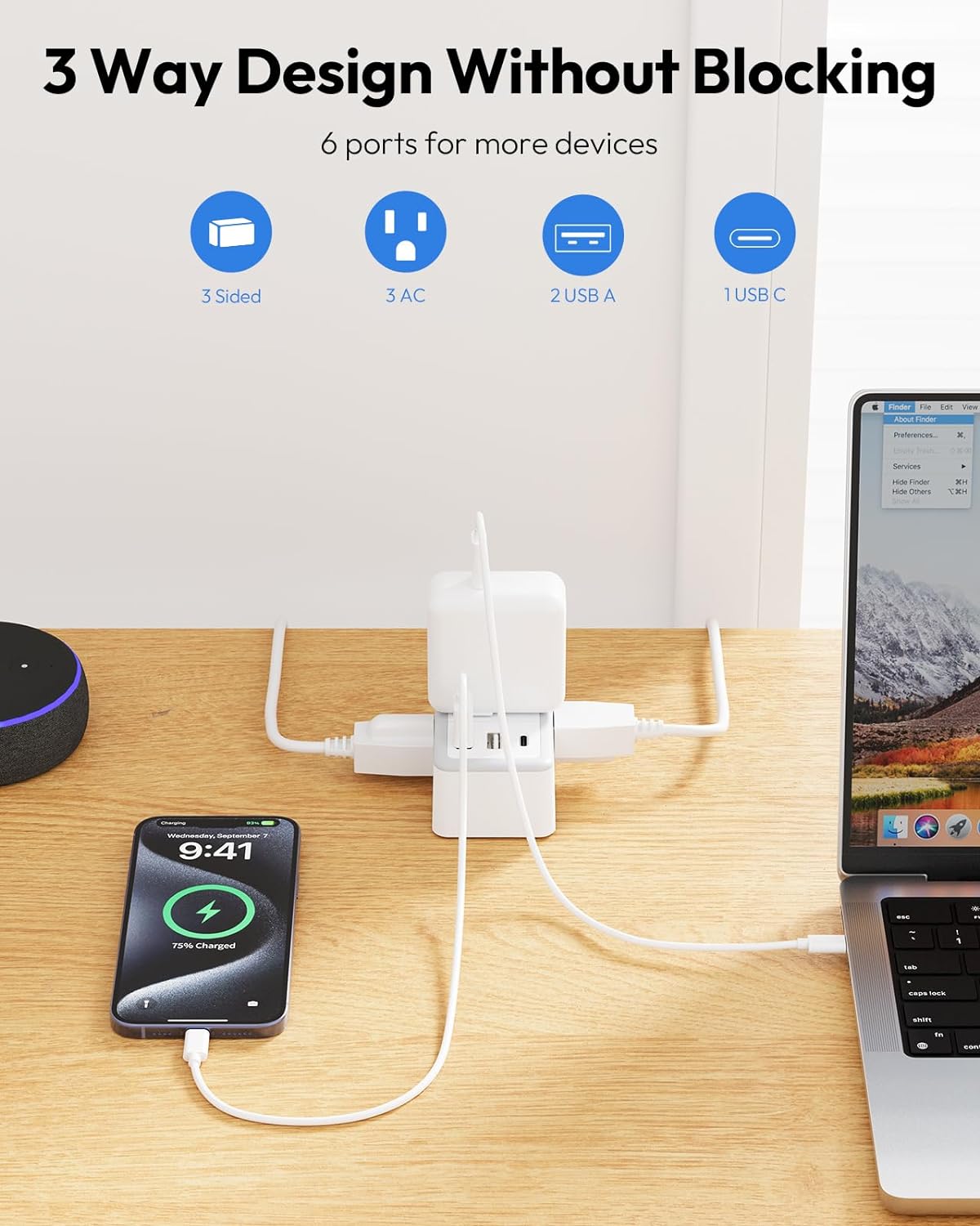 Flat Plug Power Strip with 3 USB(1 USB-C)