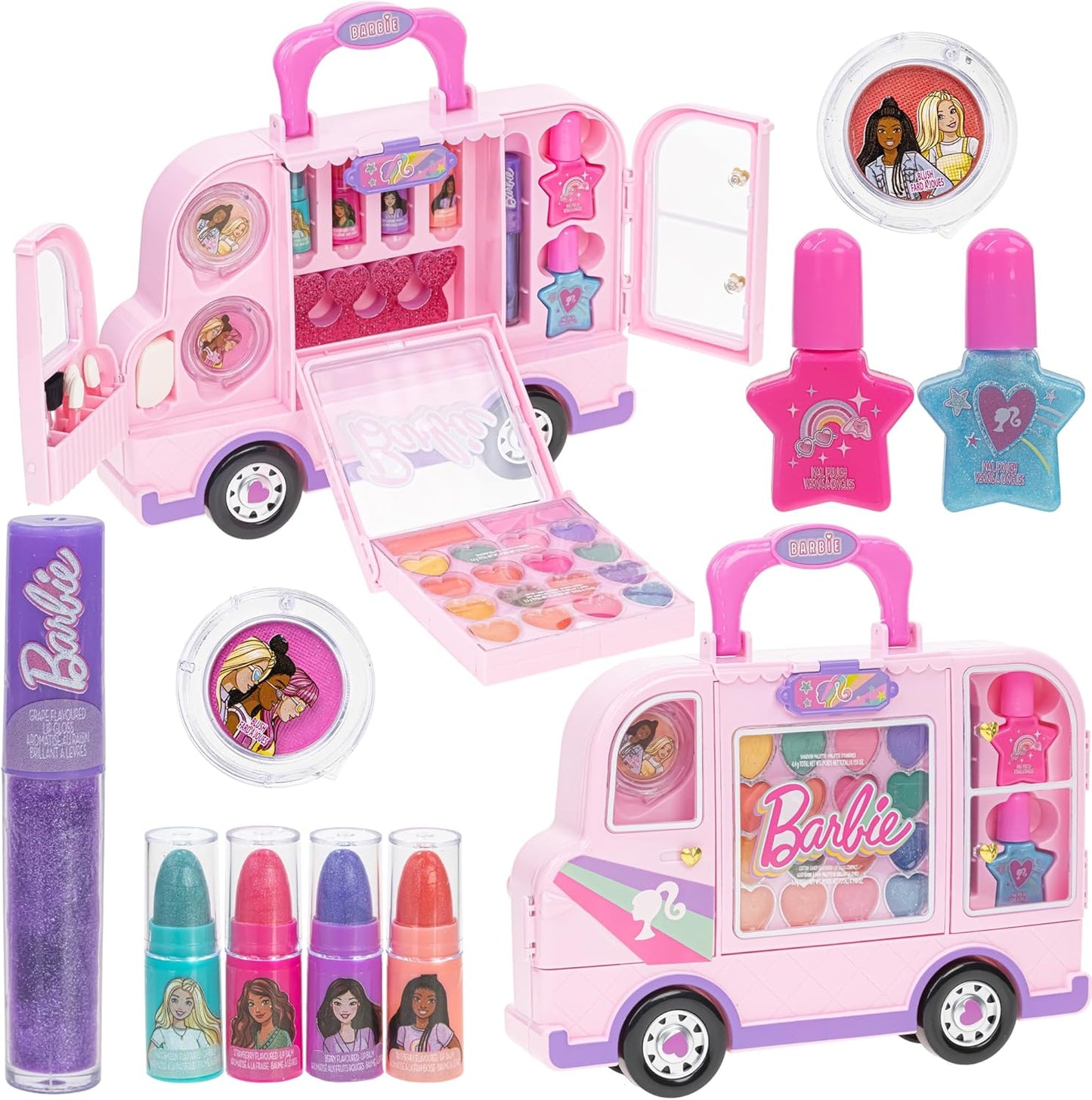 Barbie Car Makeup Kit for Girls, Real Washable Toy Makeup Set