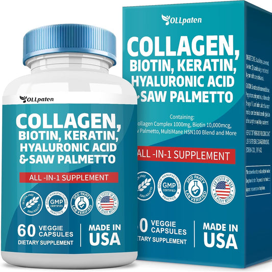 Collagen Pills 1000mg Biotin 10000mcg Keratin Saw Palmetto 2500mg Hyaluronic Acid
