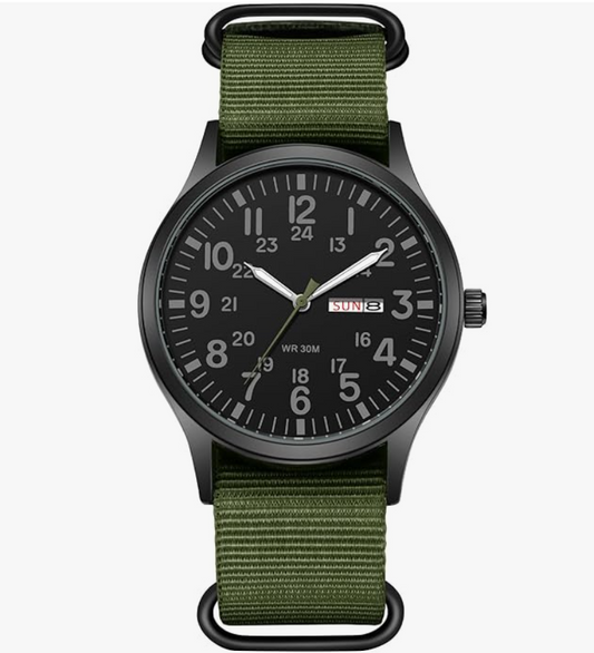 Men's Tactical Military Watch Green Nylon Strap - BLACK face 40mm