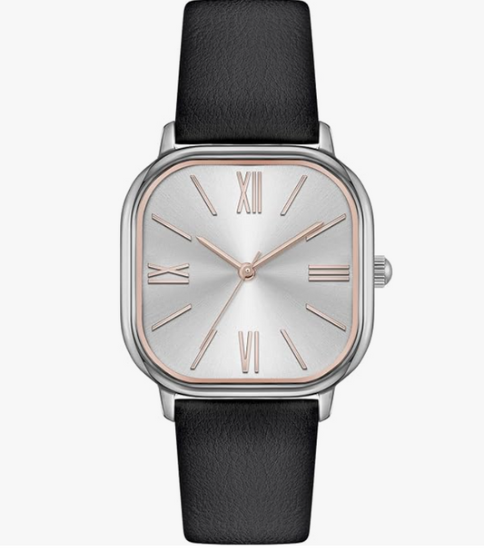Watch for Women Leather Band Waterproof Analog - Black/Silver