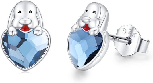 Stud Earrings 925 Sterling Silver Heart Zirconia - Dog