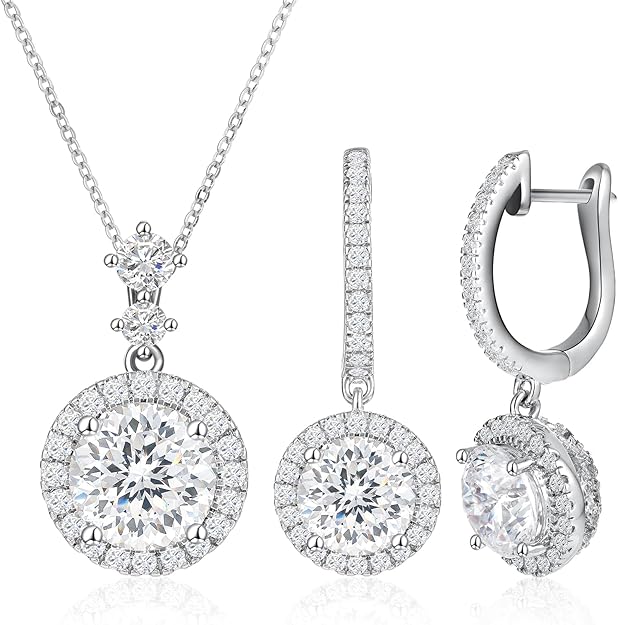 Cubic Zirconia Set Silver White Gold Plated Pendant, Necklace and Iced Out Flower Dangle Earrings