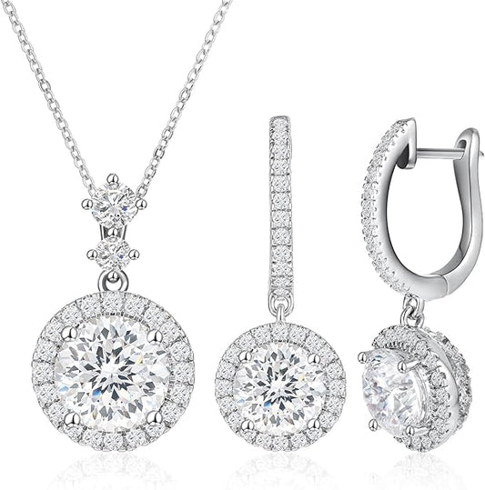 Cubic Zirconia Set Silver White Gold Plated Pendant, Necklace and Iced Out Flower Dangle Earrings