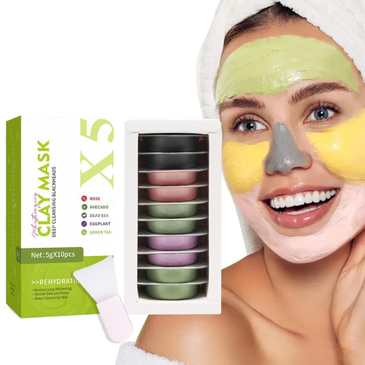 10 Pods Clay Facial Mask Set - Rose, Green Tea, Eggplant, Avocado, Dead Sea Mud, Mud Mask Deep Pore Cleansing