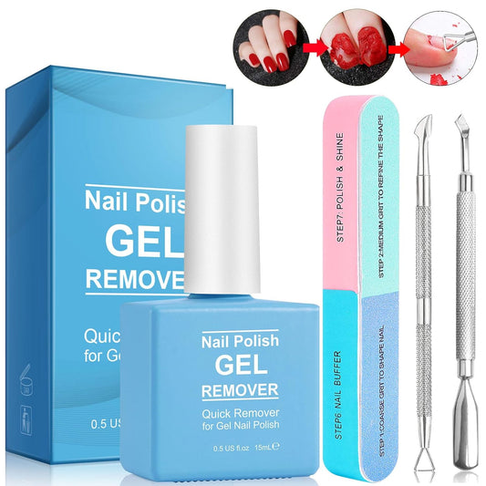 Gel Nail Polish Remover with 7 Way Nail Buffer & Metal Silver Cuticle Pusher