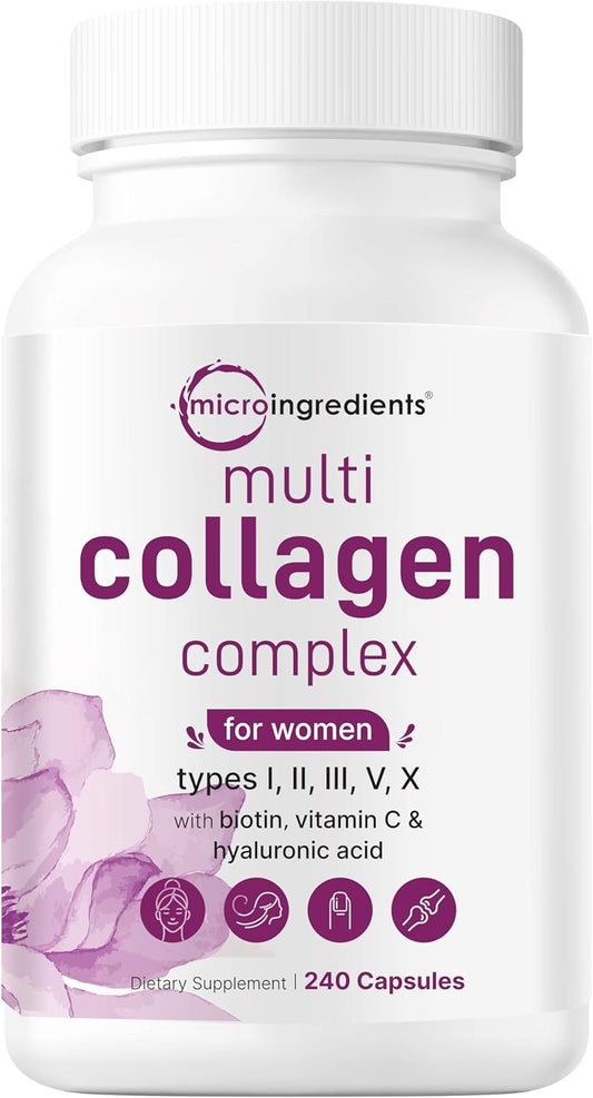 Multi Collagen Complex for Women, 240 Capsules | Type I, II, III, V, X with Hyaluronic Acid, Biotin, & Vitamin C